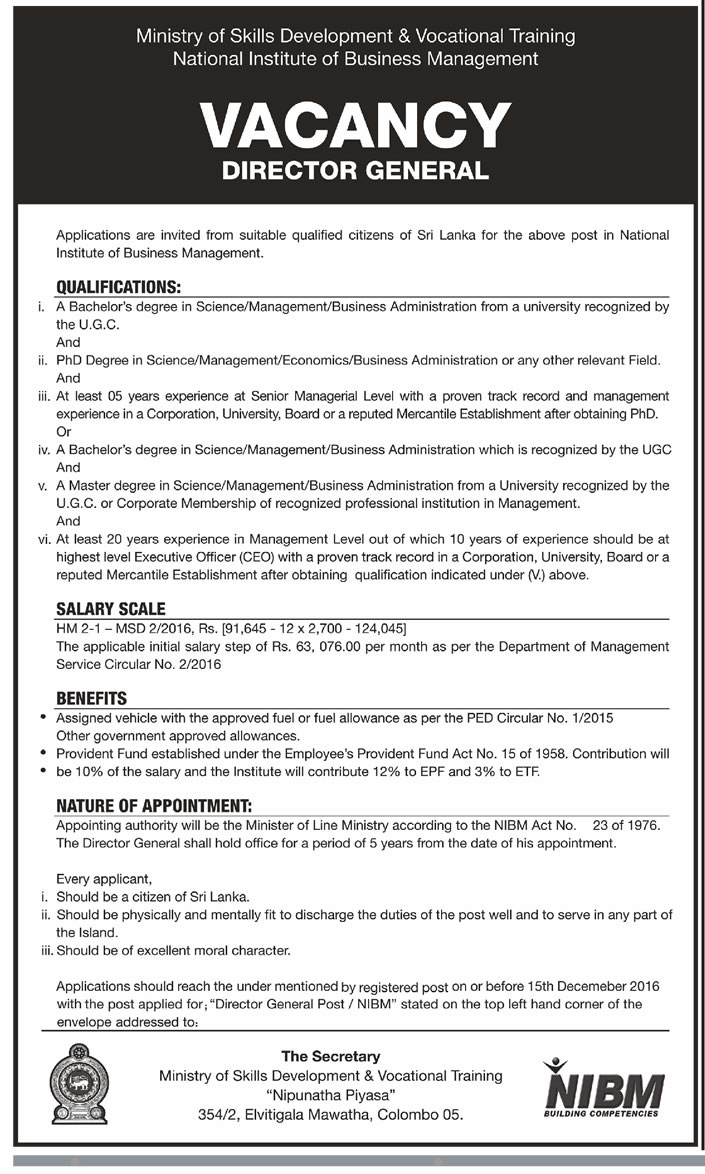 Director General - National Institute of Business Management (NIBM)	